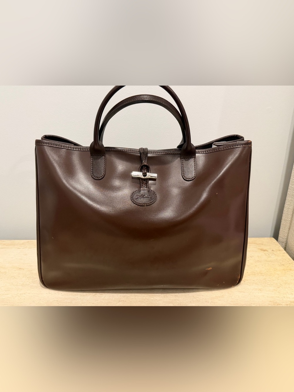Vintage Longchamp Roseau Leather Tote — Dark Chocolate Brown
